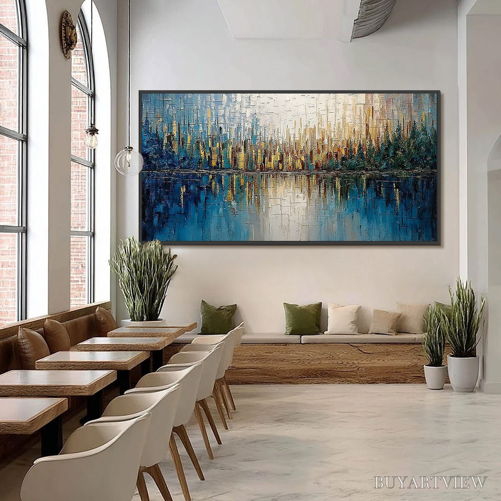 ARTOVITAS Golden Horizon – Textured Abstract Cityscape Reflection Oil Painting - image 6