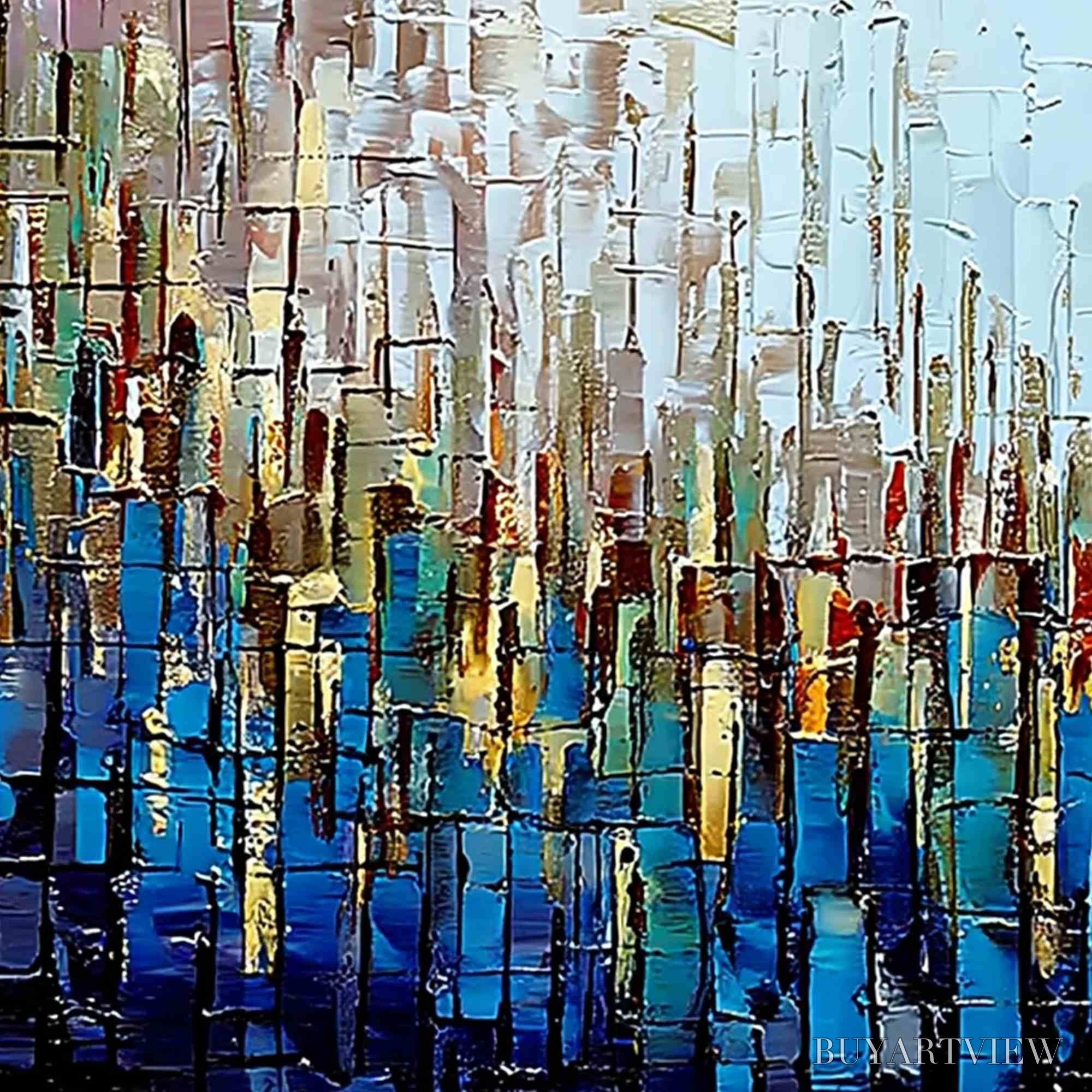 ARTOVITAS Urban Twilight – Heavily Textured Abstract Cityscape Oil Painting - image 3
