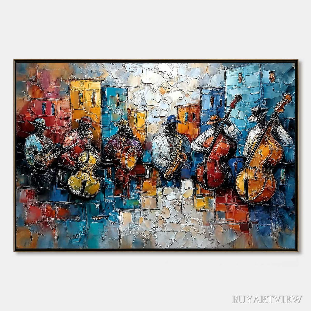 ARTOVITAS Urban Melody – Textured Impasto Painting of a Jazz Band Street Performance - image 1
