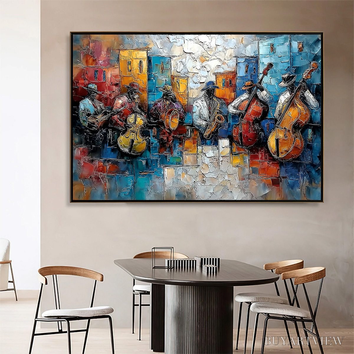 ARTOVITAS Urban Melody – Textured Impasto Painting of a Jazz Band Street Performance - image 2