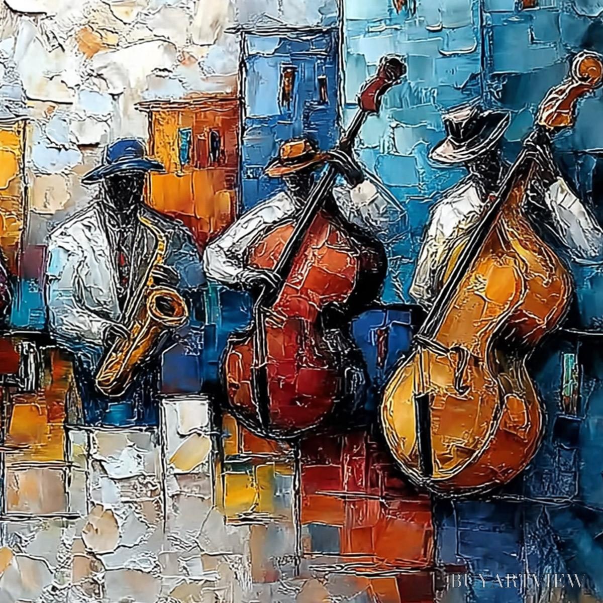 ARTOVITAS Urban Melody – Textured Impasto Painting of a Jazz Band Street Performance - image 3