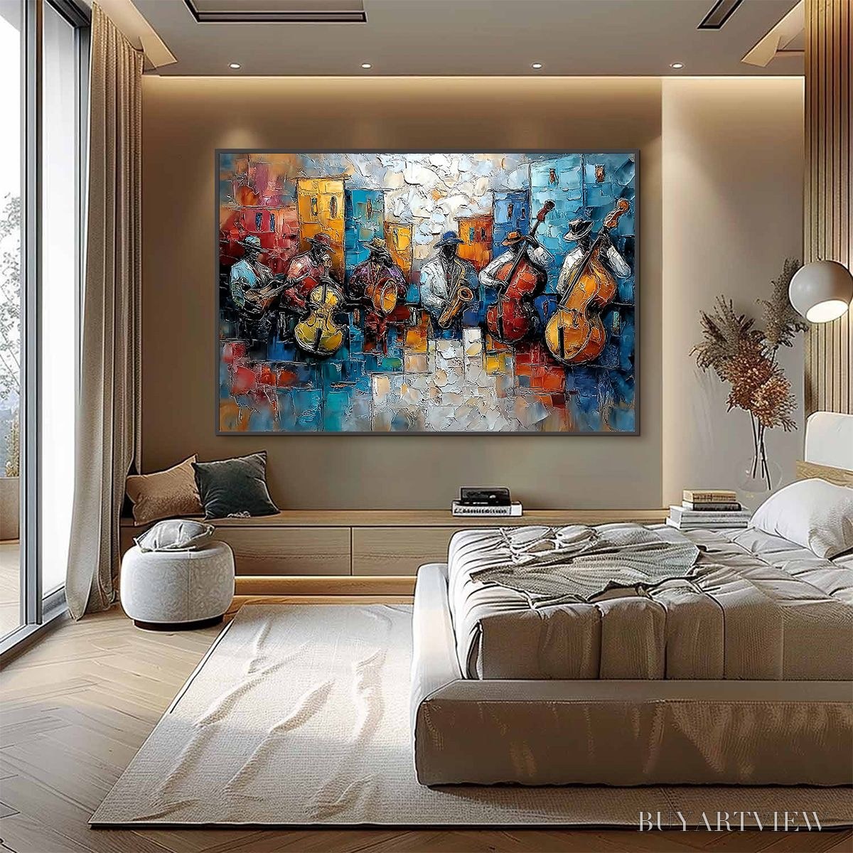 ARTOVITAS Urban Melody – Textured Impasto Painting of a Jazz Band Street Performance - image 4