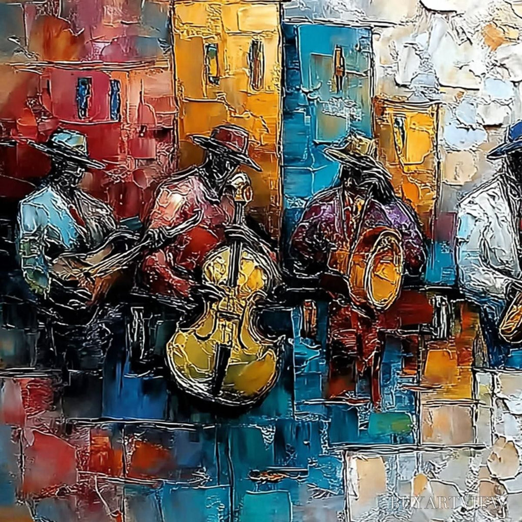 ARTOVITAS Urban Melody – Textured Impasto Painting of a Jazz Band Street Performance - image 5