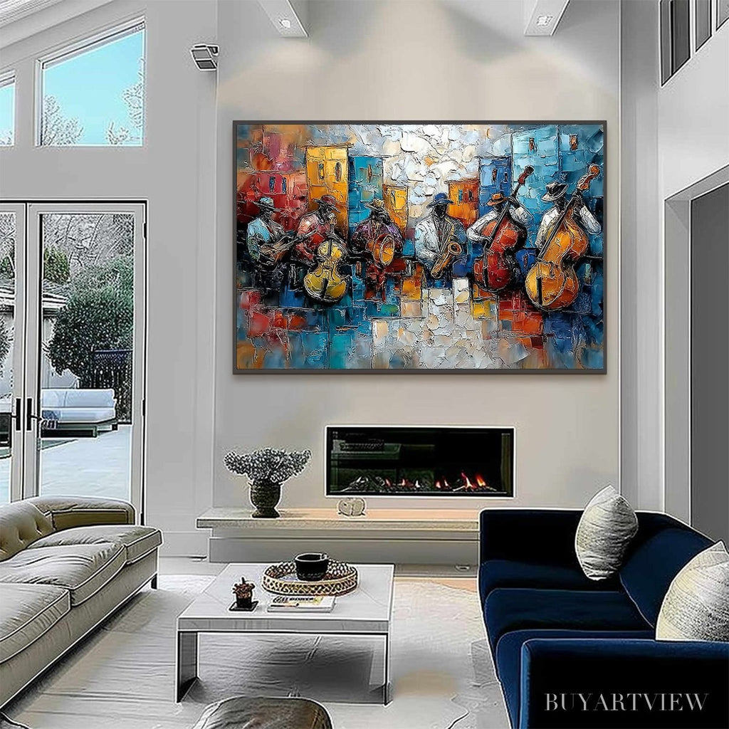 ARTOVITAS Urban Melody – Textured Impasto Painting of a Jazz Band Street Performance - image 6
