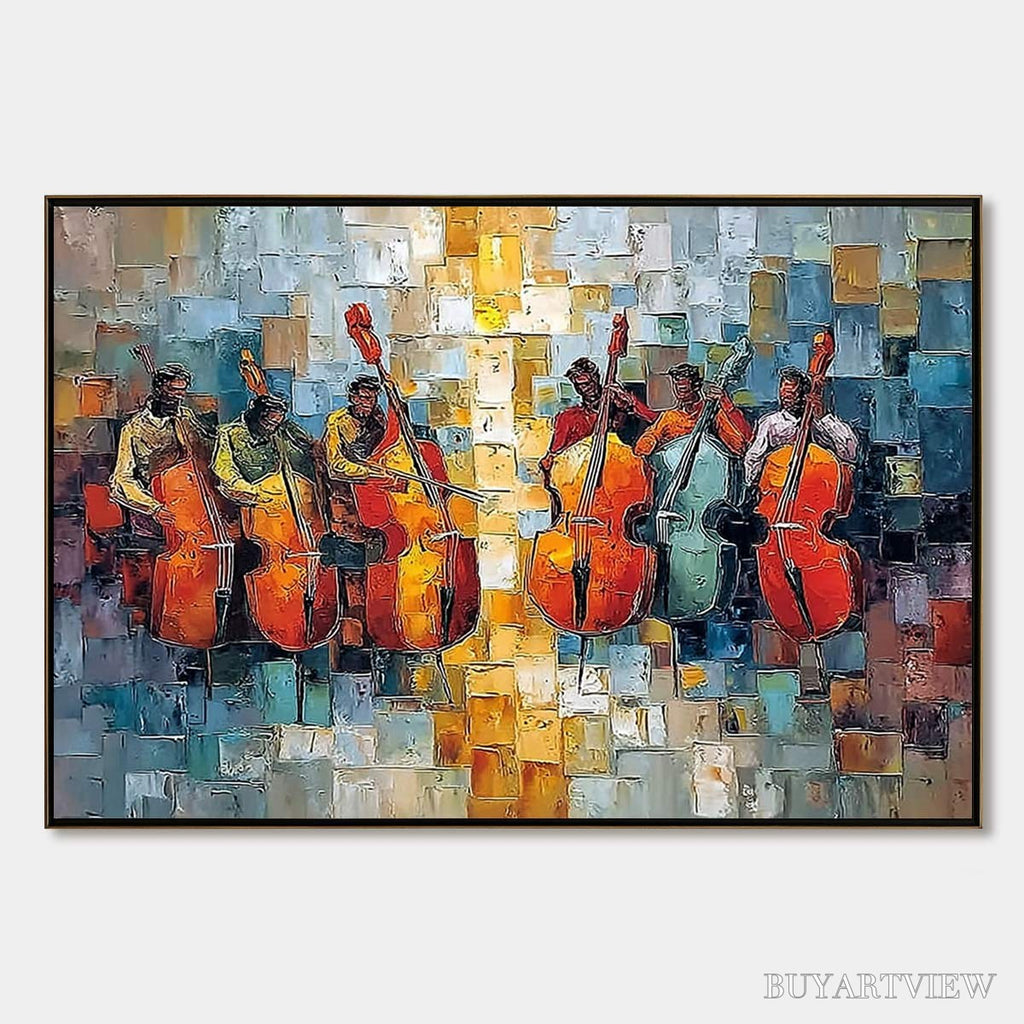ARTOVITAS Rhythm in Hue – Textured Palette Knife Painting of a Cello Ensemble - image 1