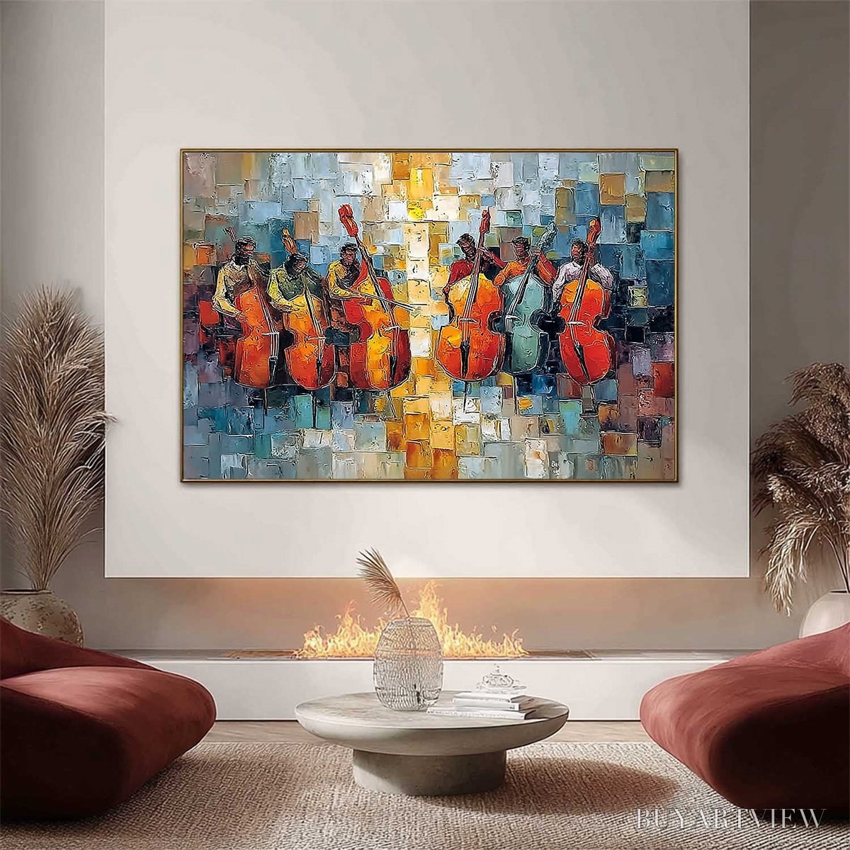 ARTOVITAS Rhythm in Hue – Textured Palette Knife Painting of a Cello Ensemble - image 2