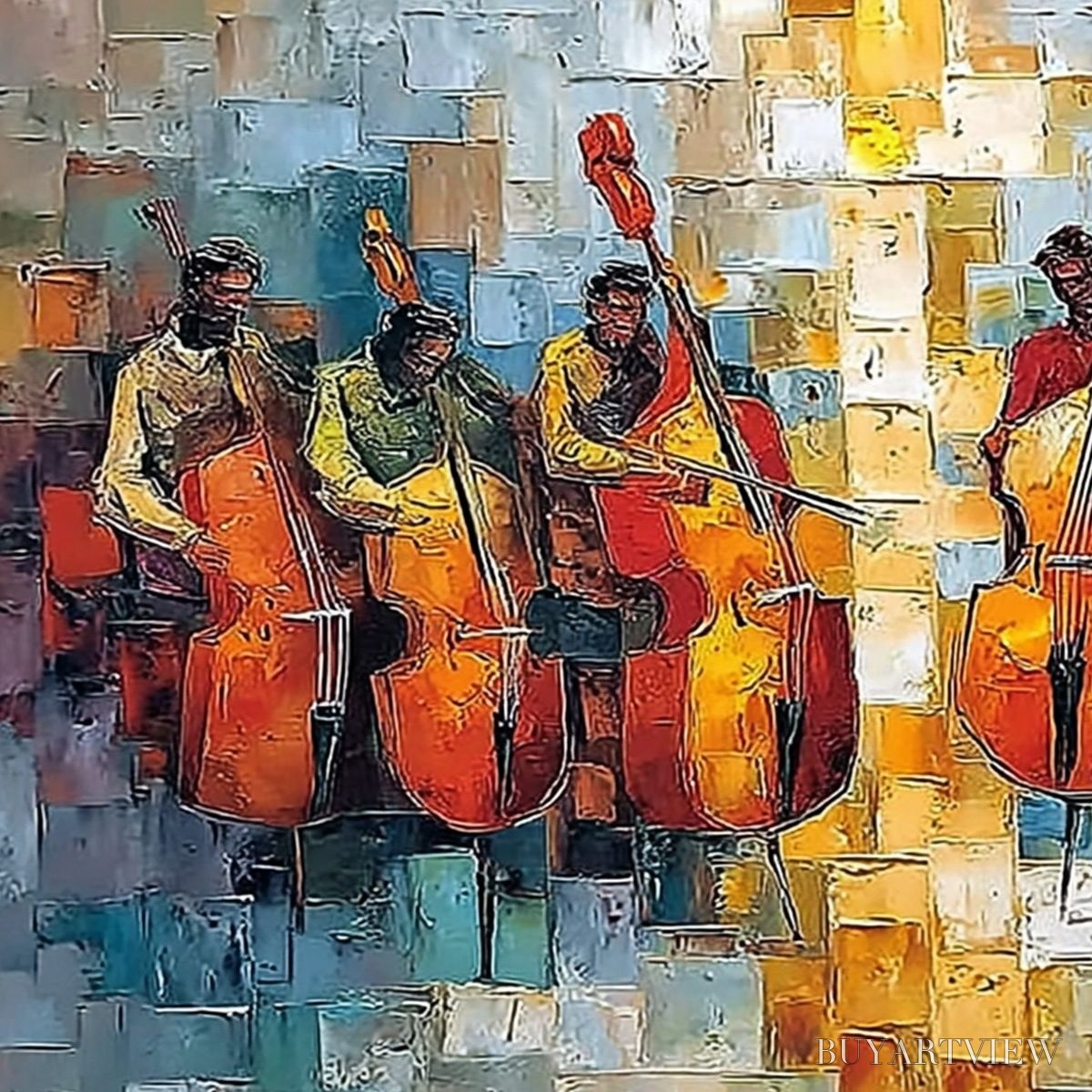 ARTOVITAS Rhythm in Hue – Textured Palette Knife Painting of a Cello Ensemble - image 3