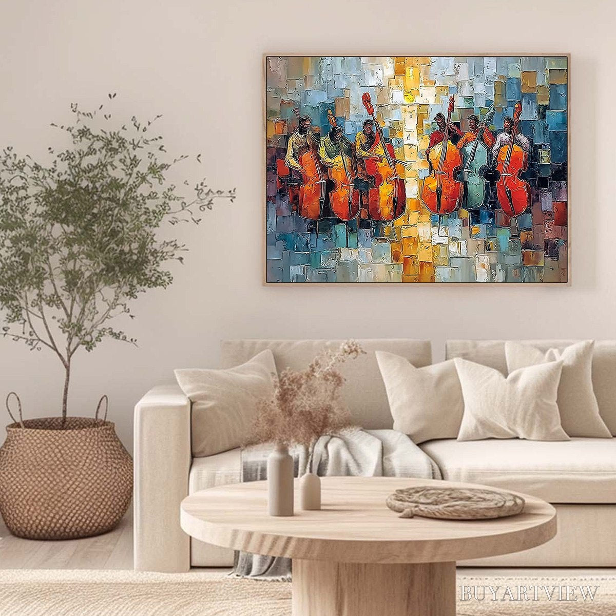 ARTOVITAS Rhythm in Hue – Textured Palette Knife Painting of a Cello Ensemble - image 4