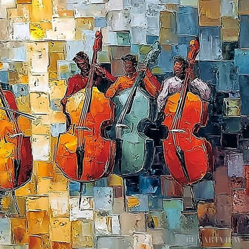 ARTOVITAS Rhythm in Hue – Textured Palette Knife Painting of a Cello Ensemble - image 5