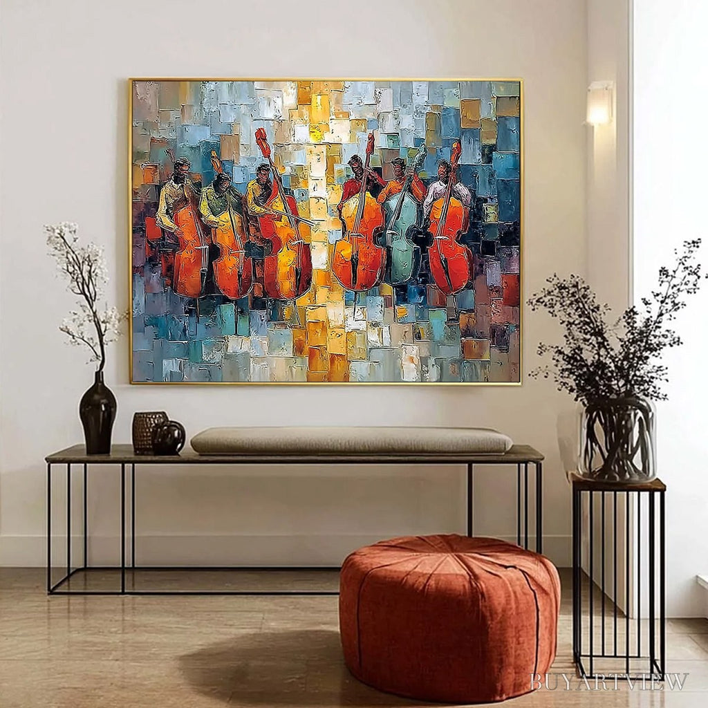 ARTOVITAS Rhythm in Hue – Textured Palette Knife Painting of a Cello Ensemble - image 6