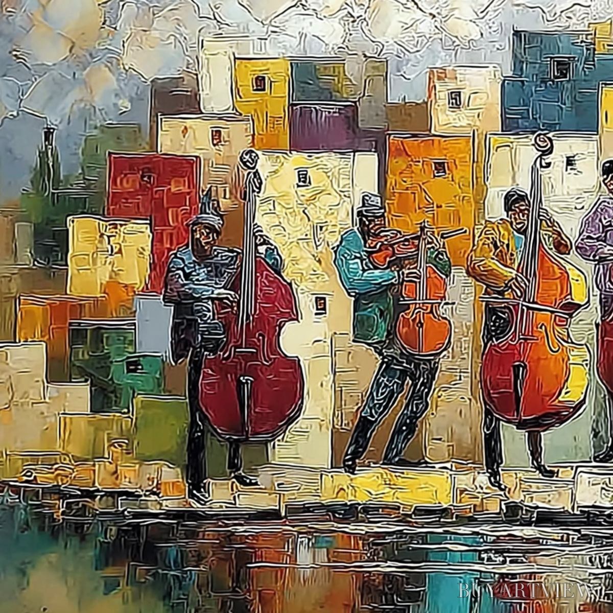 ARTOVITAS Urban Serenade – Colorful Textured Impasto Painting of Musicians - image 3