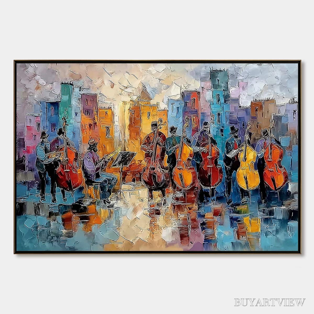 ARTOVITAS Urban Serenade – Textured Palette Knife Painting of City Musicians - image 1