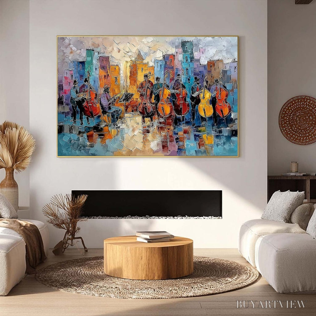 ARTOVITAS Urban Serenade – Textured Palette Knife Painting of City Musicians - image 2