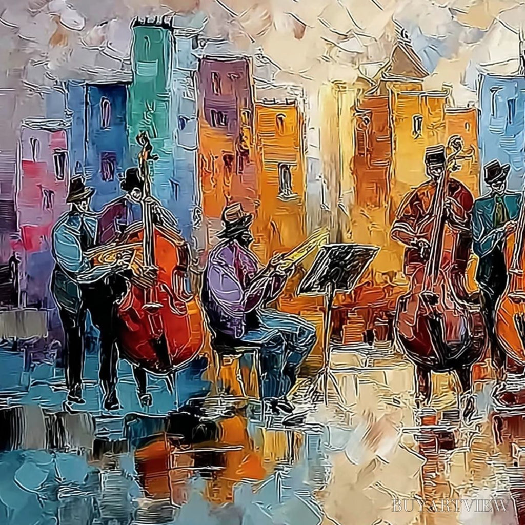 ARTOVITAS Urban Serenade – Textured Palette Knife Painting of City Musicians - image 3