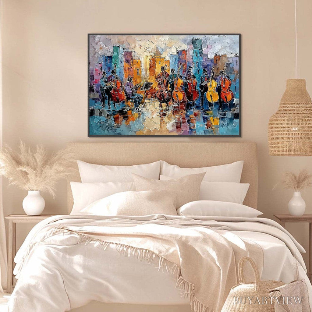 ARTOVITAS Urban Serenade – Textured Palette Knife Painting of City Musicians - image 4