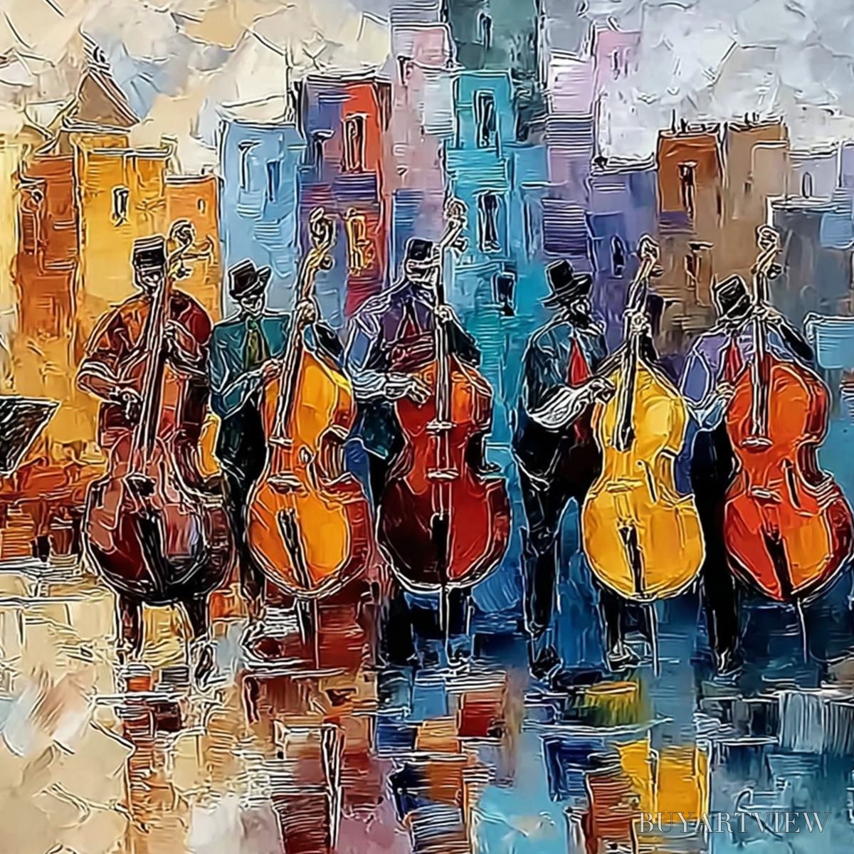 ARTOVITAS Urban Serenade – Textured Palette Knife Painting of City Musicians - image 5