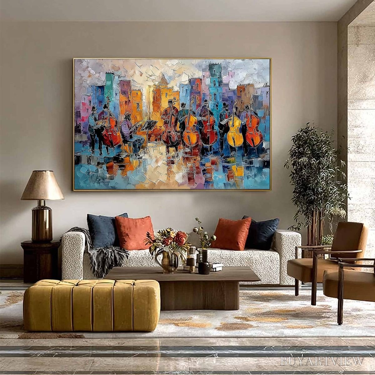 ARTOVITAS Urban Serenade – Textured Palette Knife Painting of City Musicians - image 6