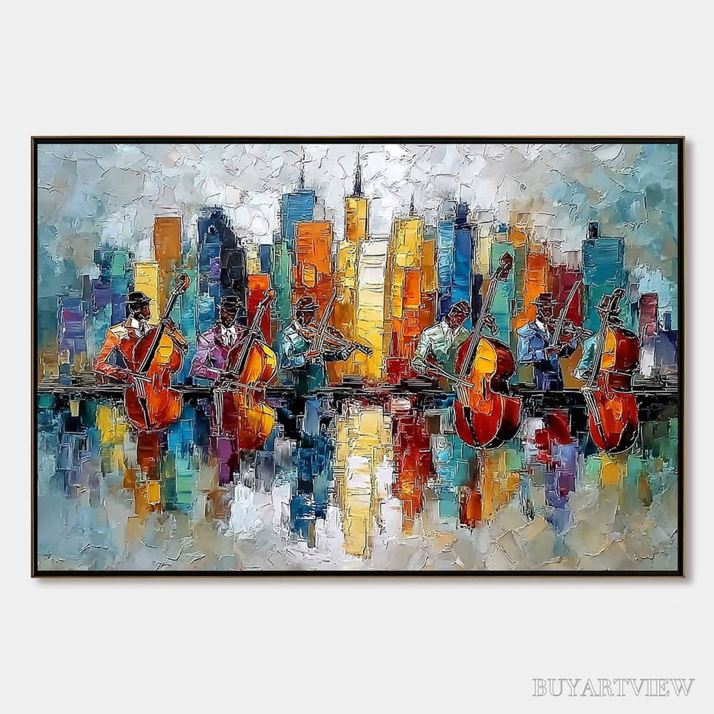 ARTOVITAS Skyline Sonata – Textured Palette Knife Painting of Musicians and Cityscape - image 1