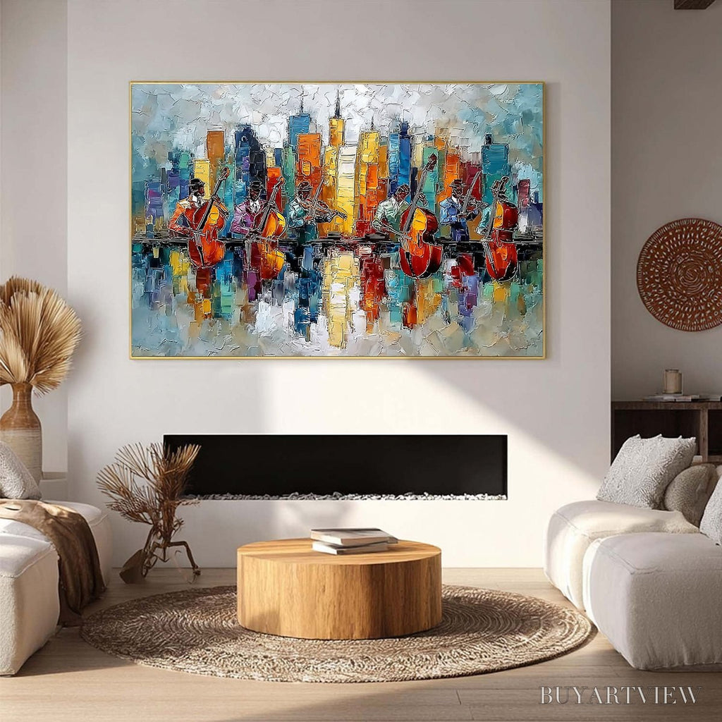 ARTOVITAS Skyline Sonata – Textured Palette Knife Painting of Musicians and Cityscape - image 2