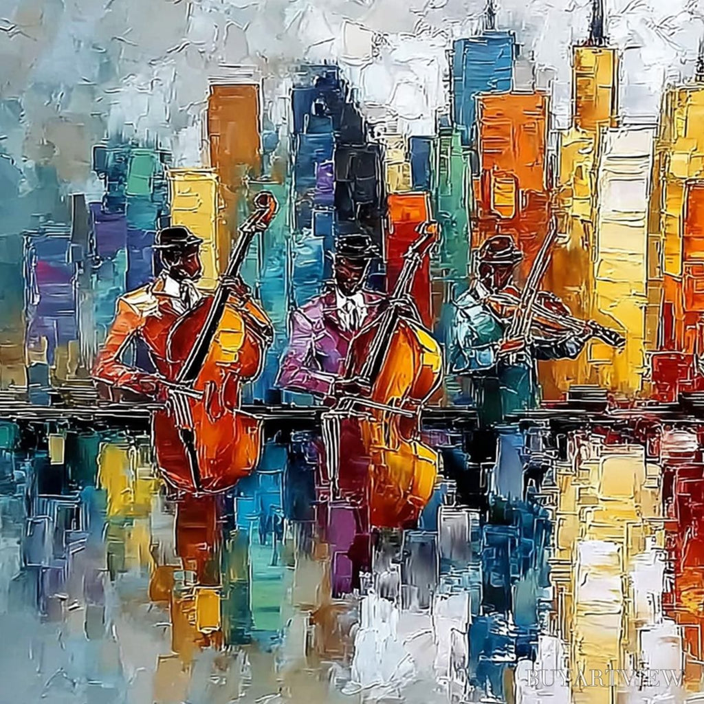 ARTOVITAS Skyline Sonata – Textured Palette Knife Painting of Musicians and Cityscape - image 3