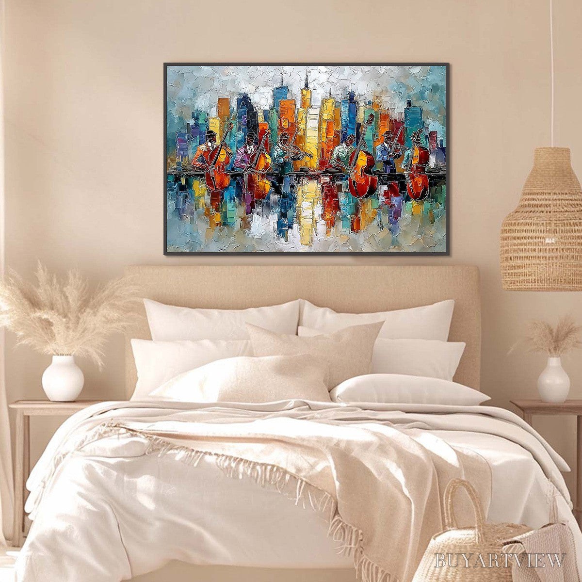 ARTOVITAS Skyline Sonata – Textured Palette Knife Painting of Musicians and Cityscape - image 4