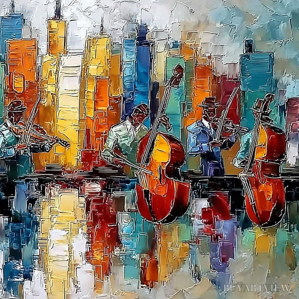 ARTOVITAS Skyline Sonata – Textured Palette Knife Painting of Musicians and Cityscape - image 5