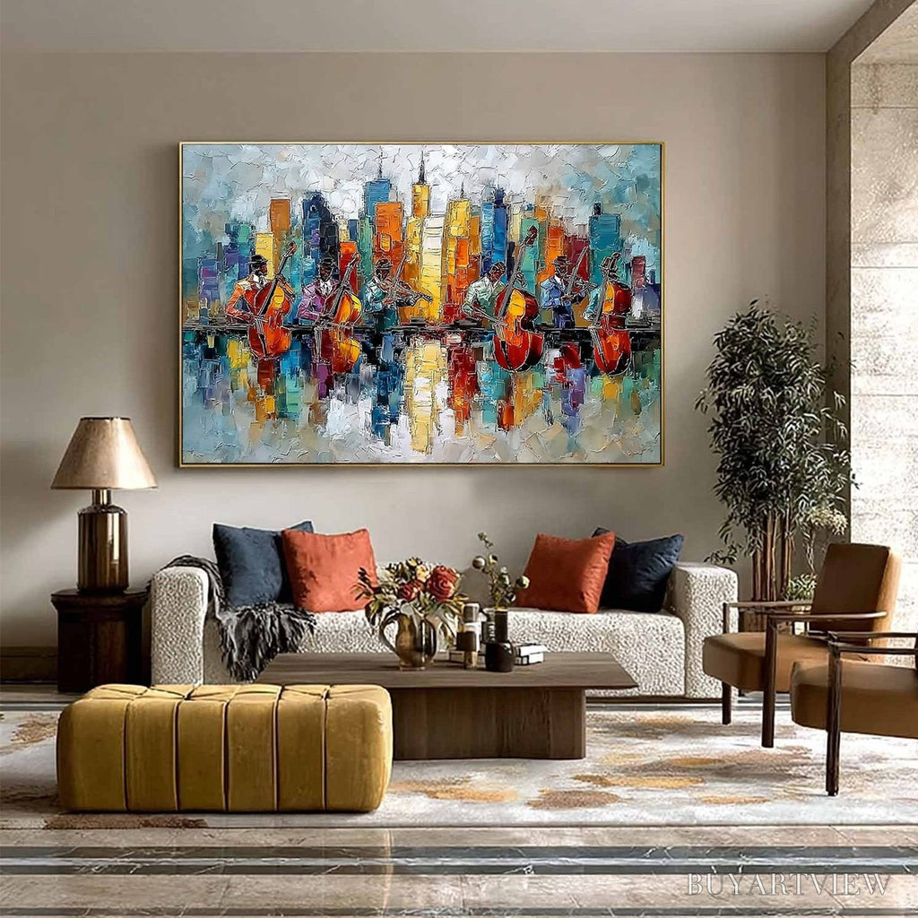 ARTOVITAS Skyline Sonata – Textured Palette Knife Painting of Musicians and Cityscape - image 6