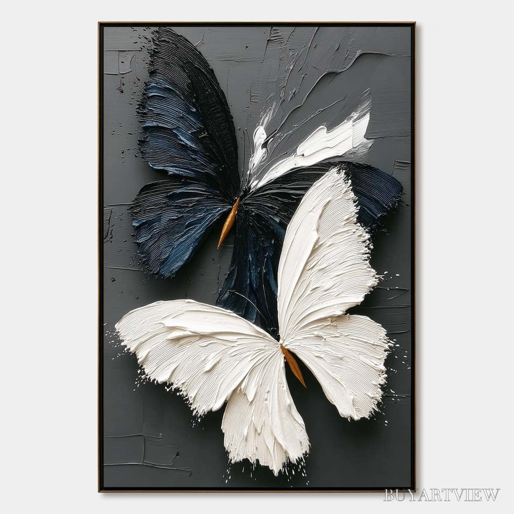 ARTOVITAS Duality – Textured Impasto Black and White Butterfly Painting - image 1
