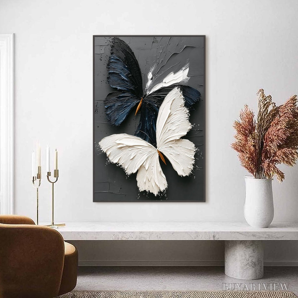 ARTOVITAS Duality – Textured Impasto Black and White Butterfly Painting - image 2