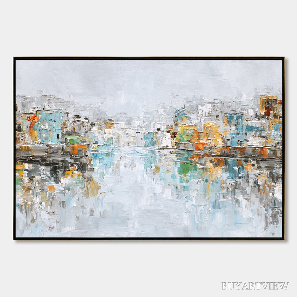 ARTOVITAS Waterfront Vibrancy – Textured Abstract Cityscape Oil Painting on Canvas - image 1