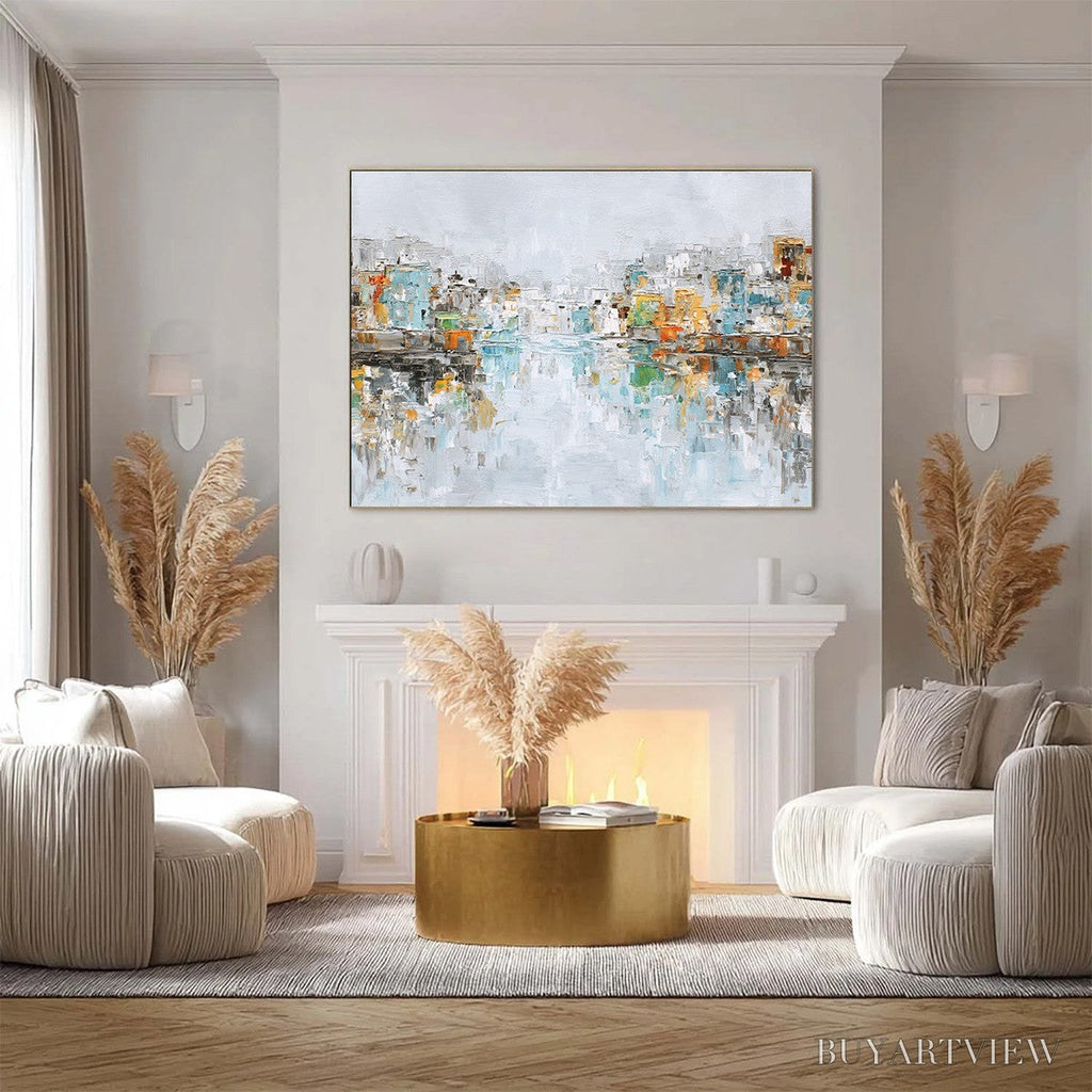ARTOVITAS Waterfront Vibrancy – Textured Abstract Cityscape Oil Painting on Canvas - image 2