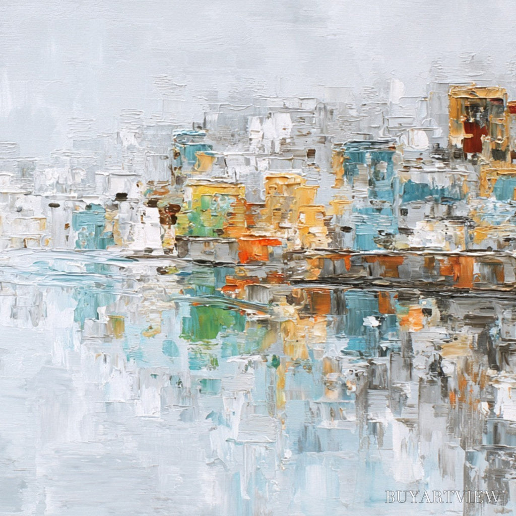 ARTOVITAS Waterfront Vibrancy – Textured Abstract Cityscape Oil Painting on Canvas - image 3