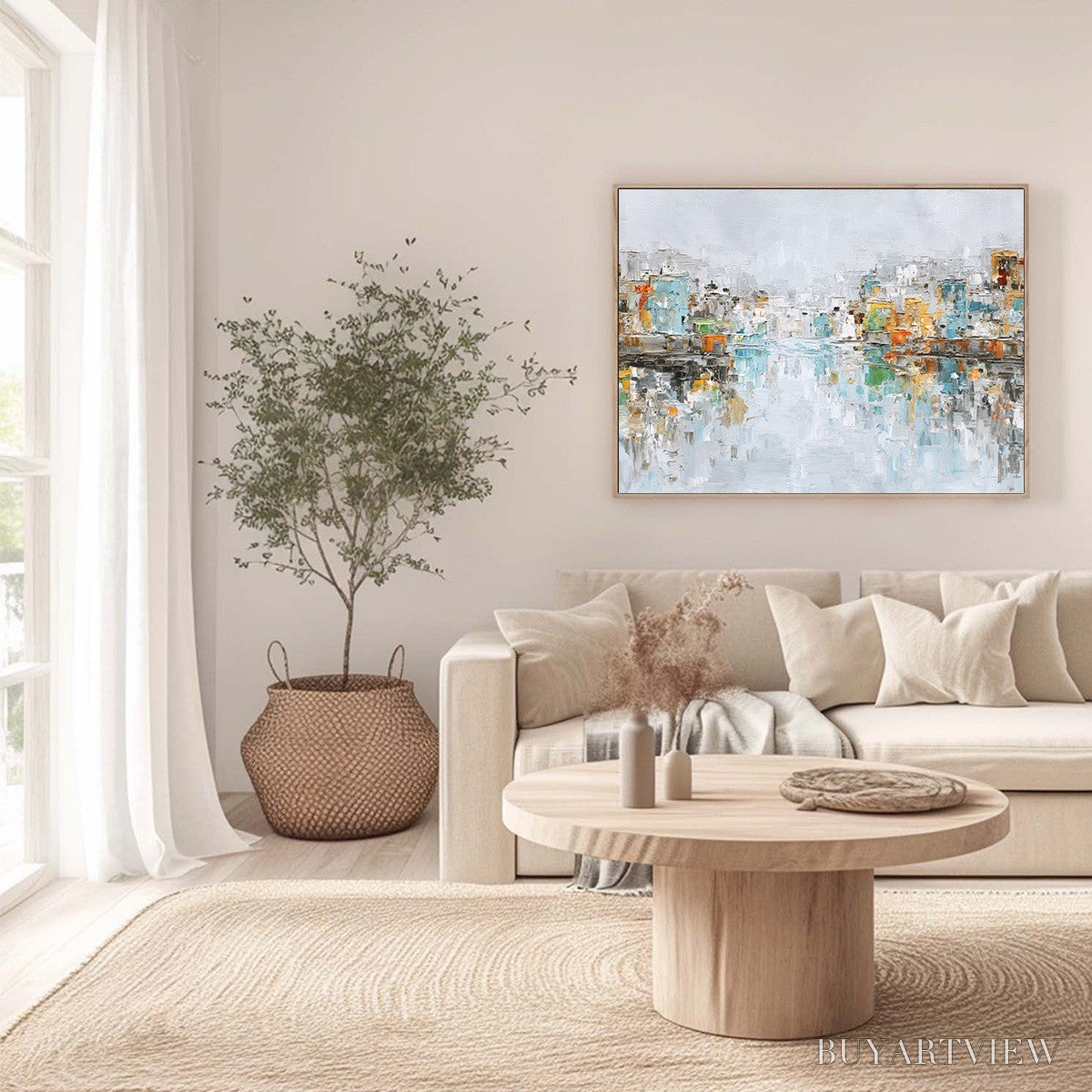 ARTOVITAS Waterfront Vibrancy – Textured Abstract Cityscape Oil Painting on Canvas - image 4