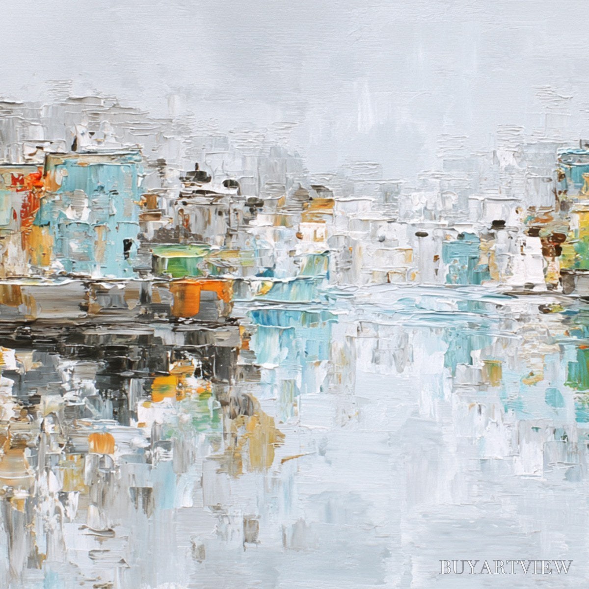 ARTOVITAS Waterfront Vibrancy – Textured Abstract Cityscape Oil Painting on Canvas - image 5
