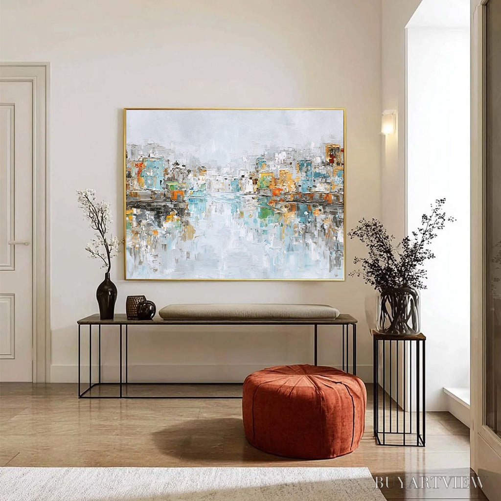 ARTOVITAS Waterfront Vibrancy – Textured Abstract Cityscape Oil Painting on Canvas - image 6