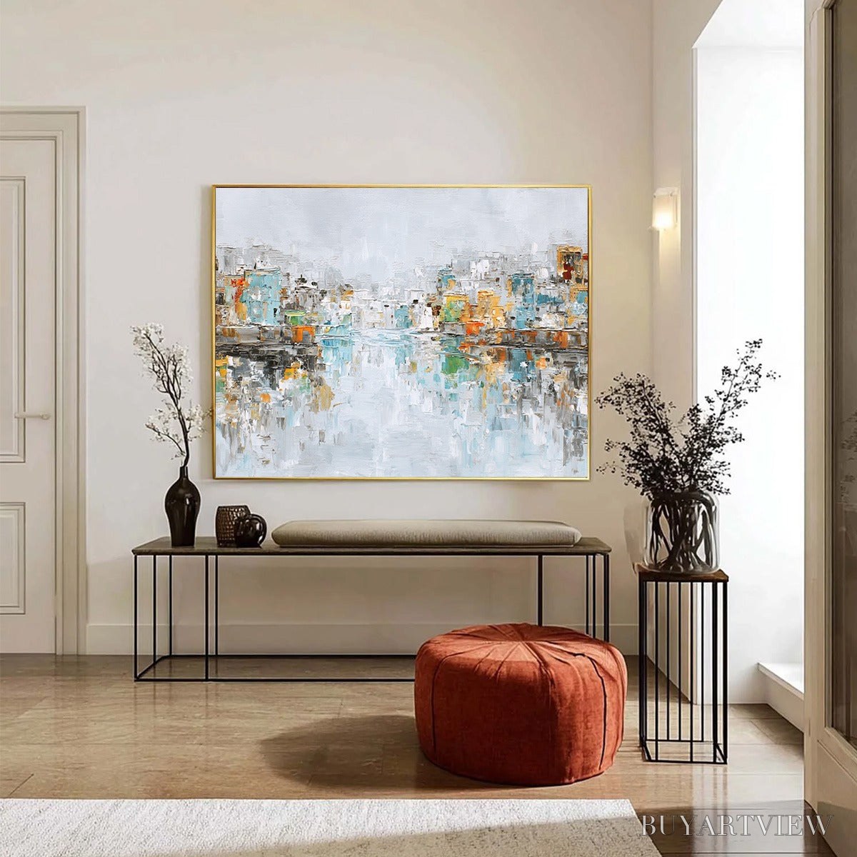 ARTOVITAS Waterfront Vibrancy – Textured Abstract Cityscape Oil Painting on Canvas - image 6