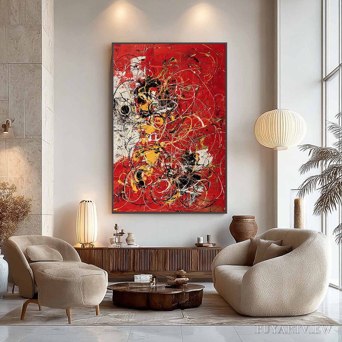 ARTOVITAS Crimson Chaos – Large Vertical Red and Black Abstract Action Painting - image 6