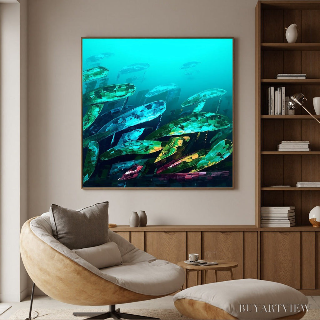 ARTOVITAS Aquatic Dream – Textured Abstract Teal and Green Oil Painting - image 3