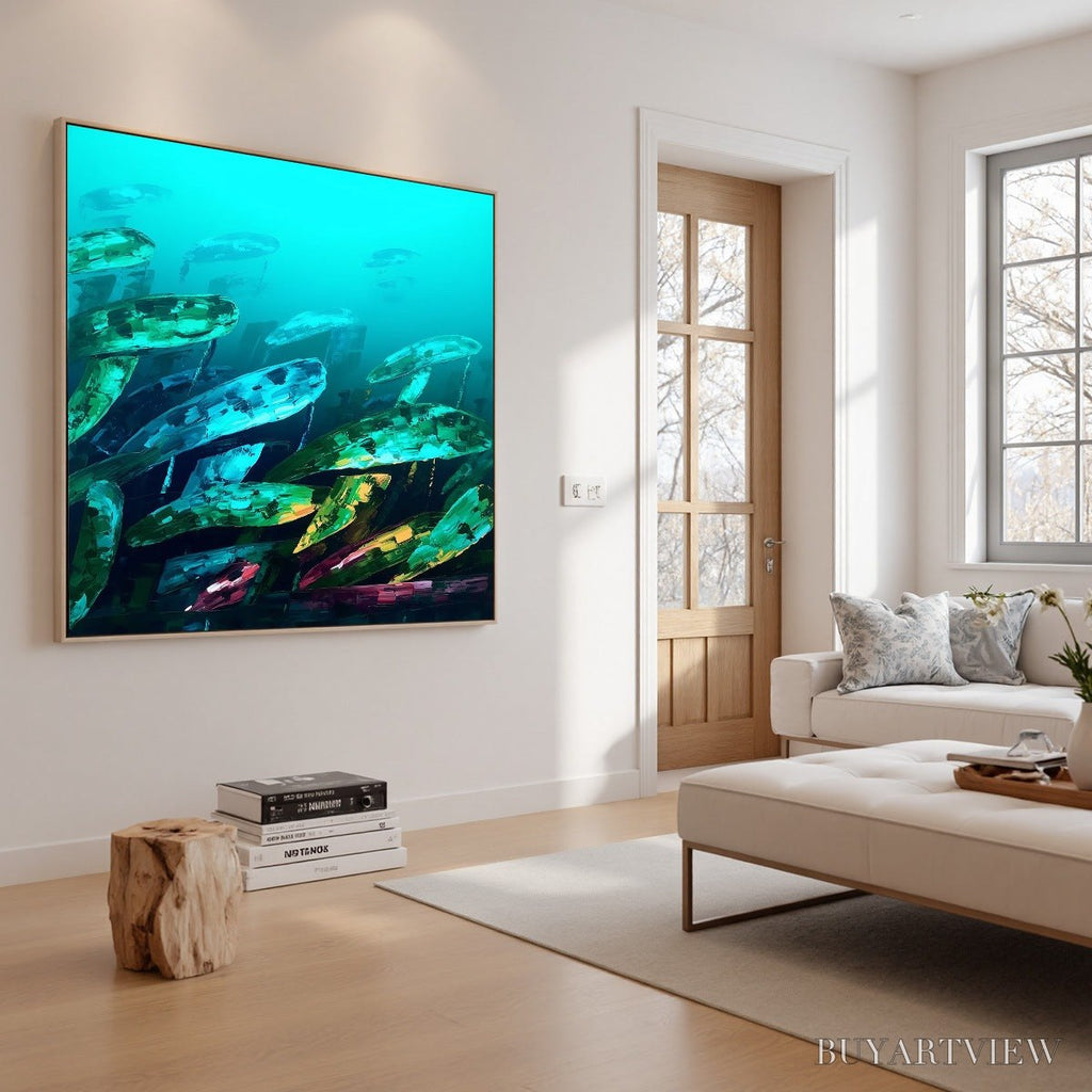 ARTOVITAS Aquatic Dream – Textured Abstract Teal and Green Oil Painting - image 5