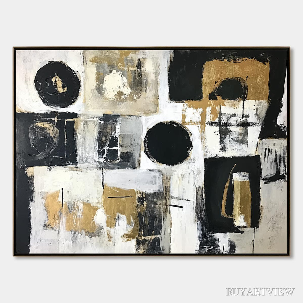ARTOVITAS Alchemy Grid – Textured Abstract Painting in Black, White & Gold - image 1