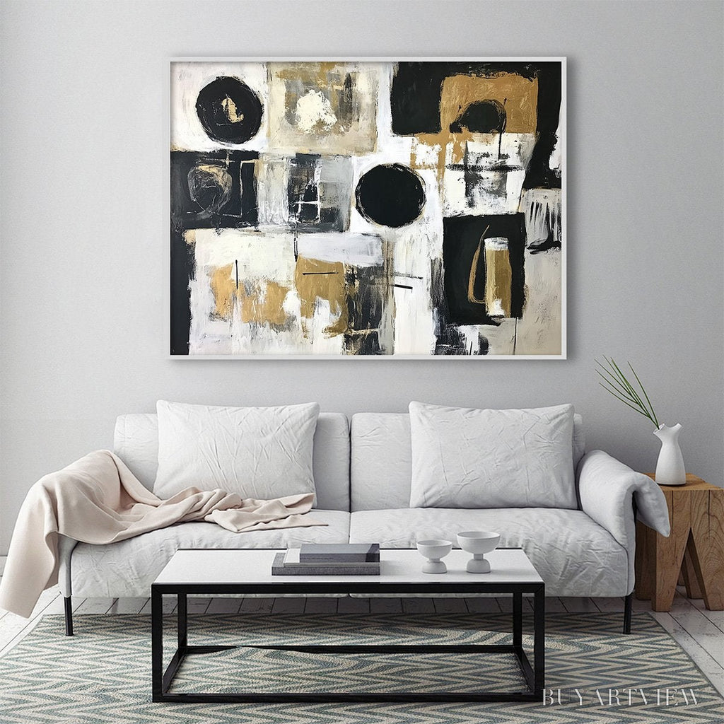 ARTOVITAS Alchemy Grid – Textured Abstract Painting in Black, White & Gold - image 2