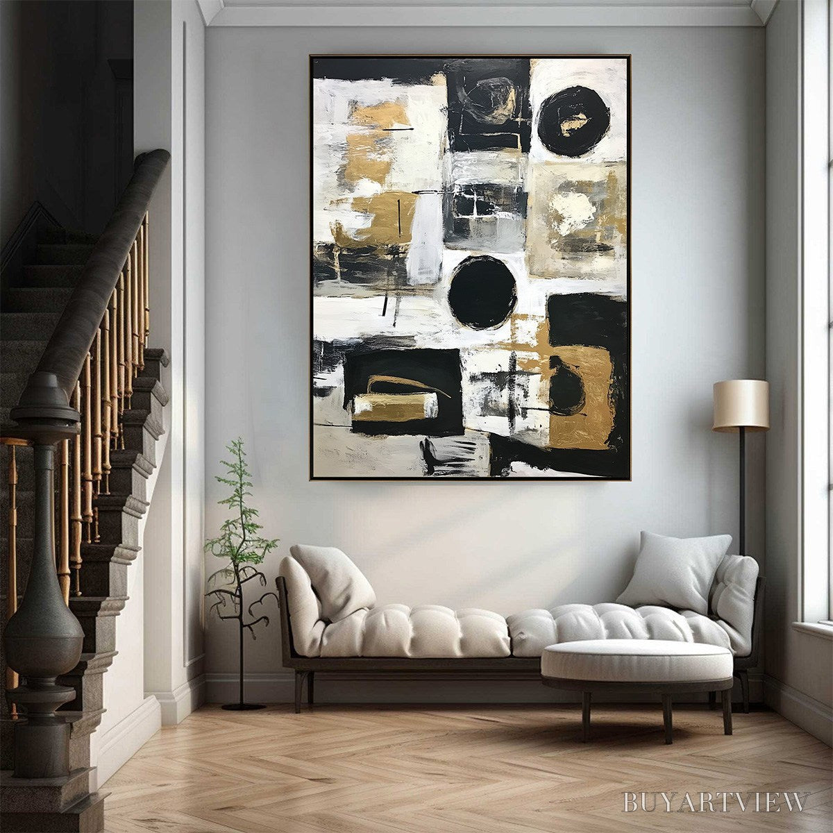ARTOVITAS Alchemy Grid – Textured Abstract Painting in Black, White & Gold - image 4