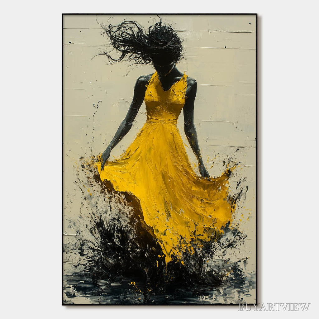 ARTOVITAS Golden Whirl – Textured Impasto Figurative Oil Painting of Woman in Yellow Dress - image 1