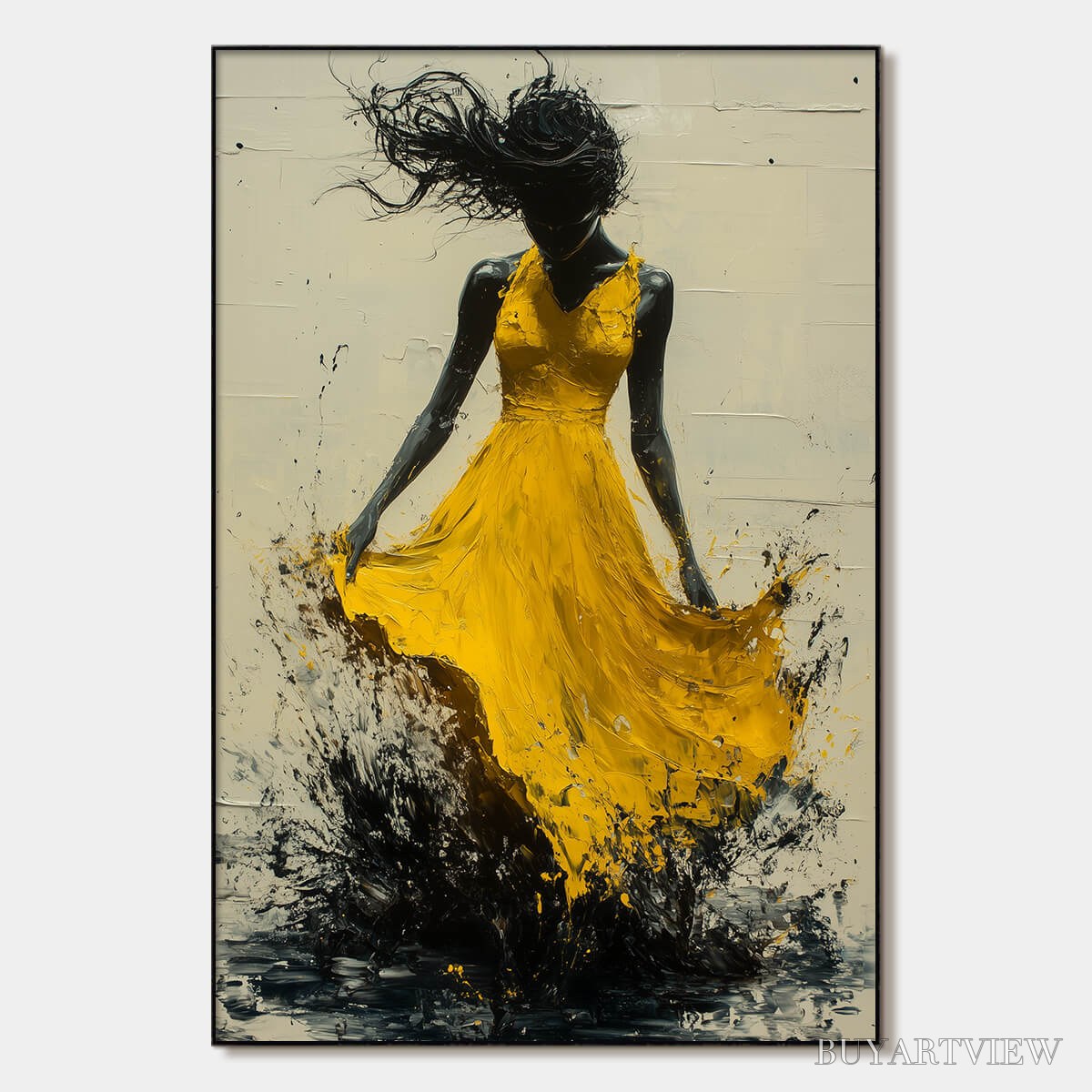 ARTOVITAS Golden Whirl – Textured Impasto Figurative Oil Painting of Woman in Yellow Dress - image 1