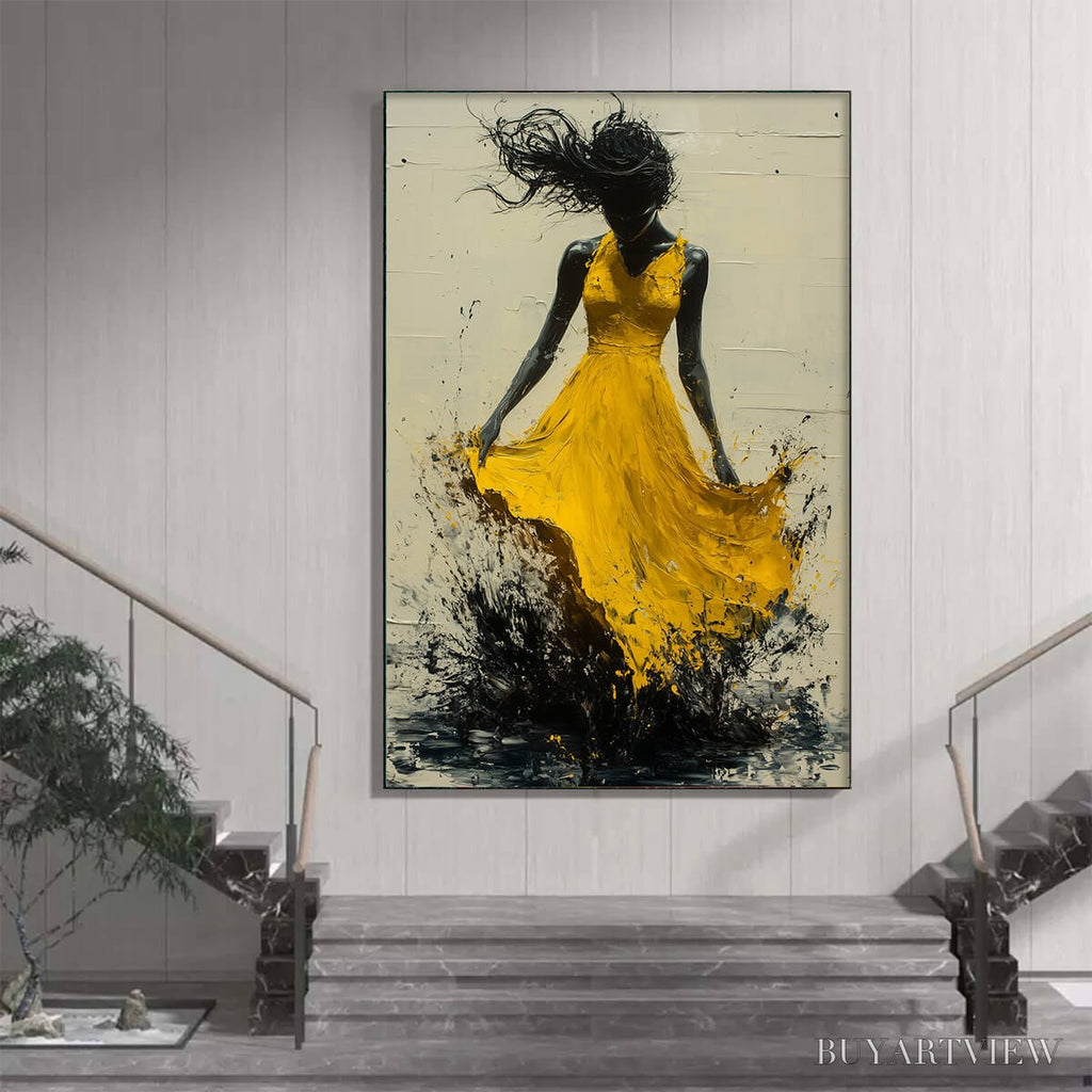 ARTOVITAS Golden Whirl – Textured Impasto Figurative Oil Painting of Woman in Yellow Dress - image 2
