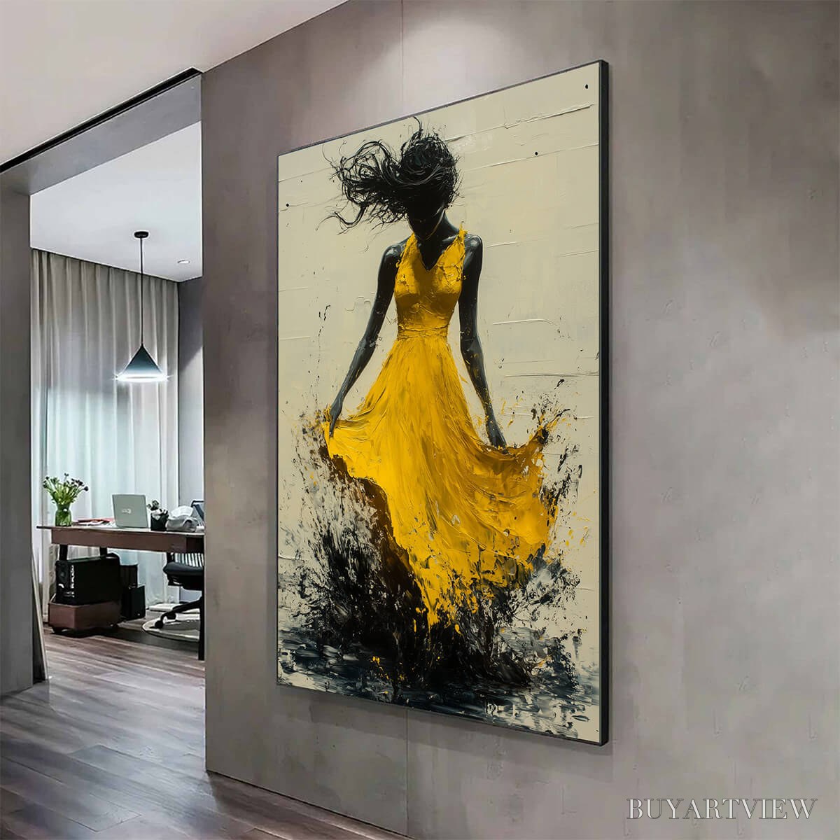 ARTOVITAS Golden Whirl – Textured Impasto Figurative Oil Painting of Woman in Yellow Dress - image 3