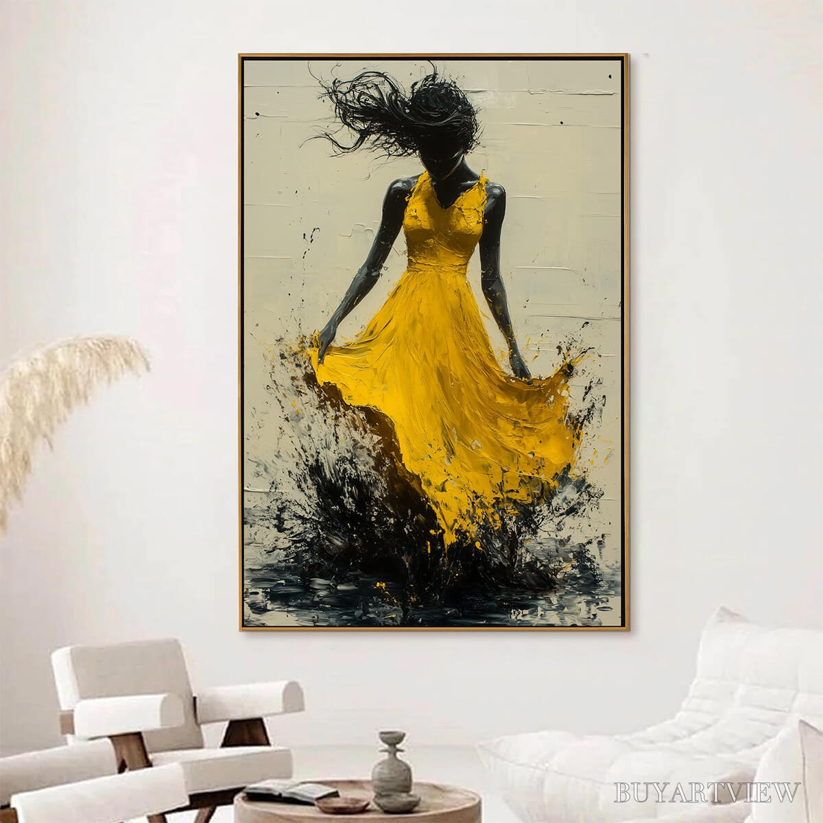 ARTOVITAS Golden Whirl – Textured Impasto Figurative Oil Painting of Woman in Yellow Dress - image 4