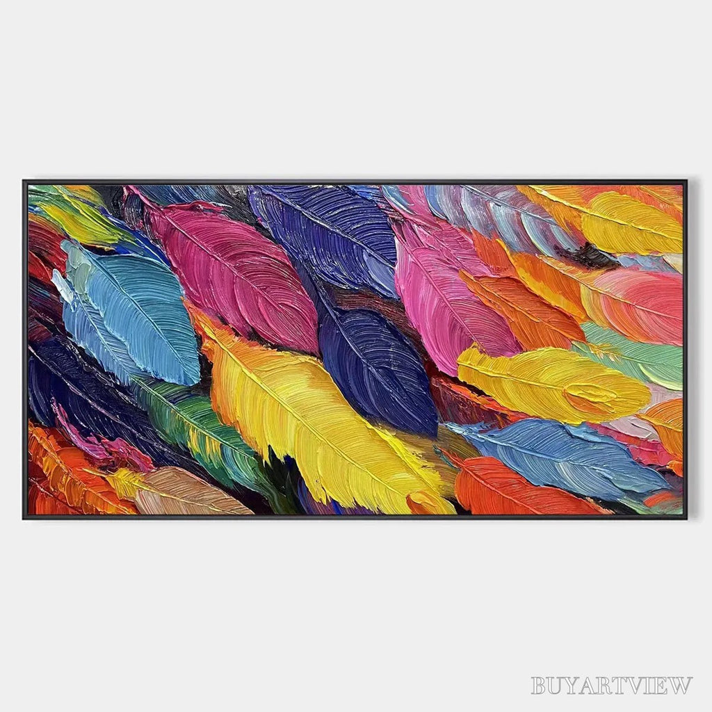 ARTOVITAS Feather Dance – Horizontal Abstract Painting with Colorful Feathers, Textured Impasto, Modern - image 1