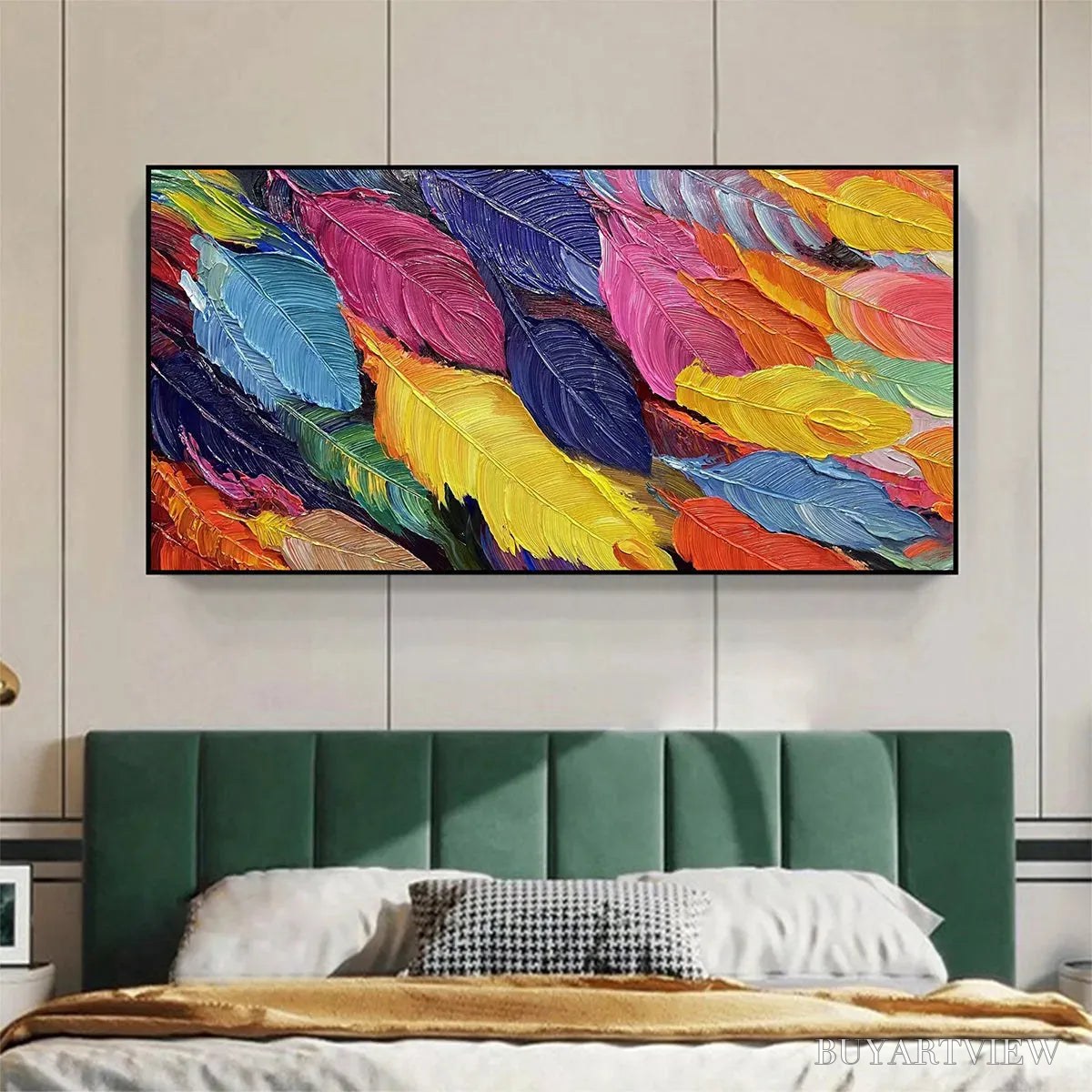 ARTOVITAS Feather Dance – Horizontal Abstract Painting with Colorful Feathers, Textured Impasto, Modern - image 2