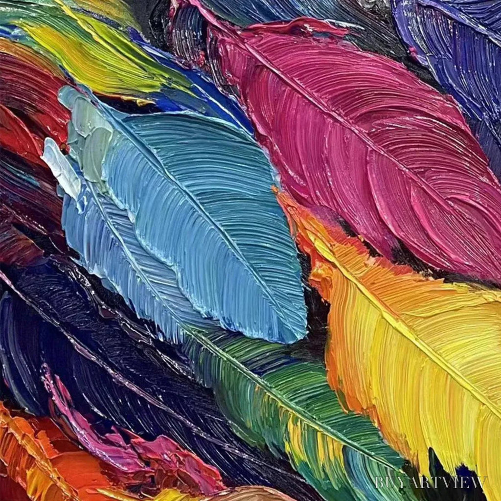 ARTOVITAS Feather Dance – Horizontal Abstract Painting with Colorful Feathers, Textured Impasto, Modern - image 3
